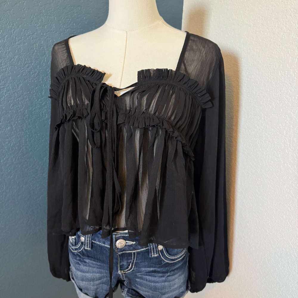 Sheer Goth Coquette Altar'd State Ruffle Tie Front Top Medium Black